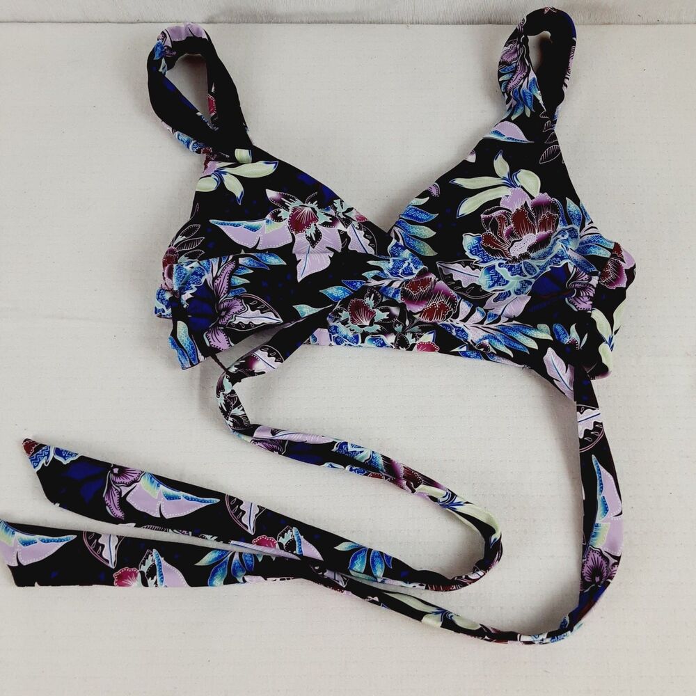 Decree Womens Small Wrap Style Front Purple Plum Tropical Floral Bikini Top